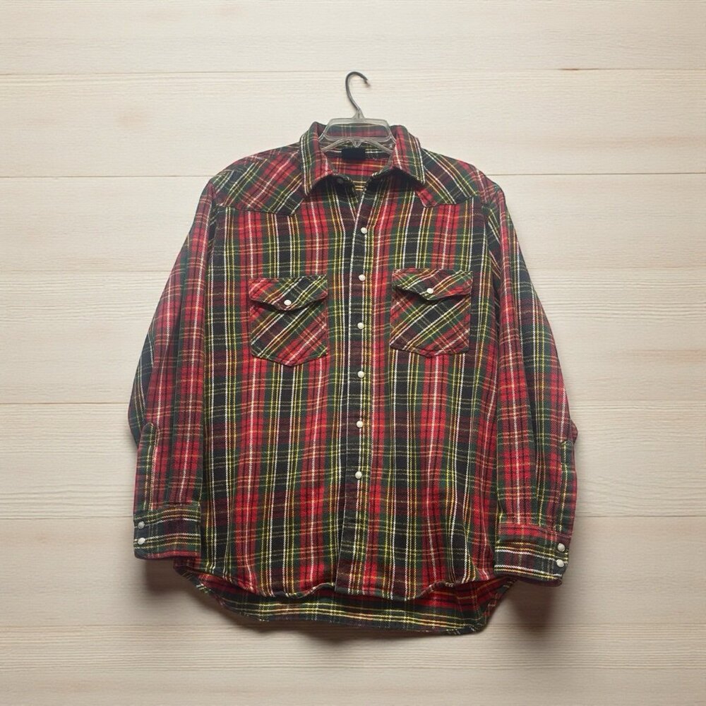 Dakota Pearl Snap Flannel Mens Size Large Red Green Plaid  VTG